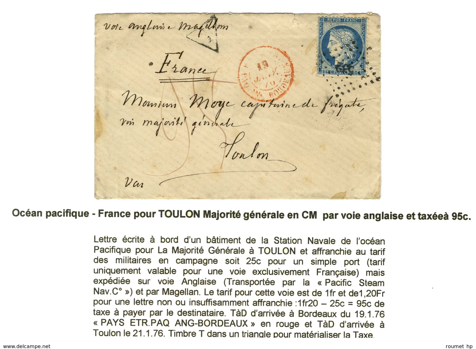 Lettre écrite à Bord D'un Bâtiment De La Station Navale De L'Océan Pacifique Pour Toulon Au Tarif De Militaire Adressée  - 1871-1875 Cérès