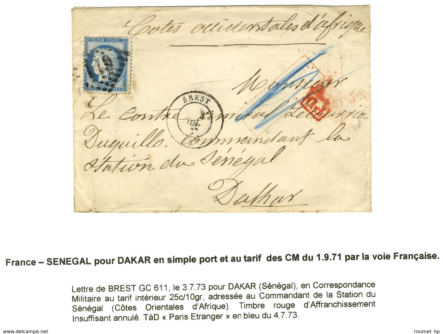 GC 611 / N° 60 Càd T 17 BREST (28) Sur Lettre Adressée Au Tarif Des Correspondances D'armées à Dakar. 1873. - TB / SUP.  - 1871-1875 Ceres