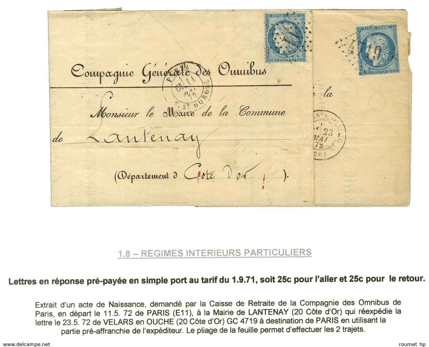 Etoile 11 / N° 60 Càd PARIS / R. ST HONORE Sur Lettre En Réponse Prépayée Adressée à Lantenay. En Retour, GC 4719 / N° 6 - 1871-1875 Cérès