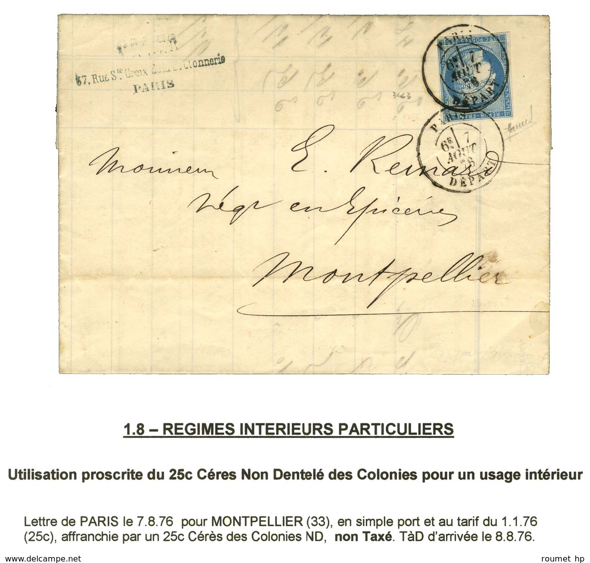 Càd PARIS / DEPART / Col. Gen. N° 23 Exceptionnellement Utilisé Dans Le Tarif Intérieur Et Accepté Pour Montpellier. 187 - 1871-1875 Ceres