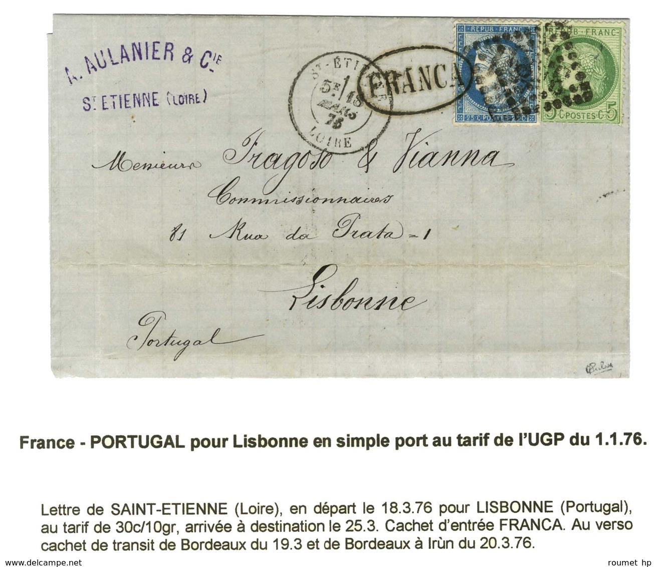 GC 3581 / N° 53 + 60 Càd T 18 ST ETIENNE / LOIRE Sur Lettre Pour Lisbonne. Au Verso, Càd D'arrivée. 1875. - TB / SUP. - 1871-1875 Cérès