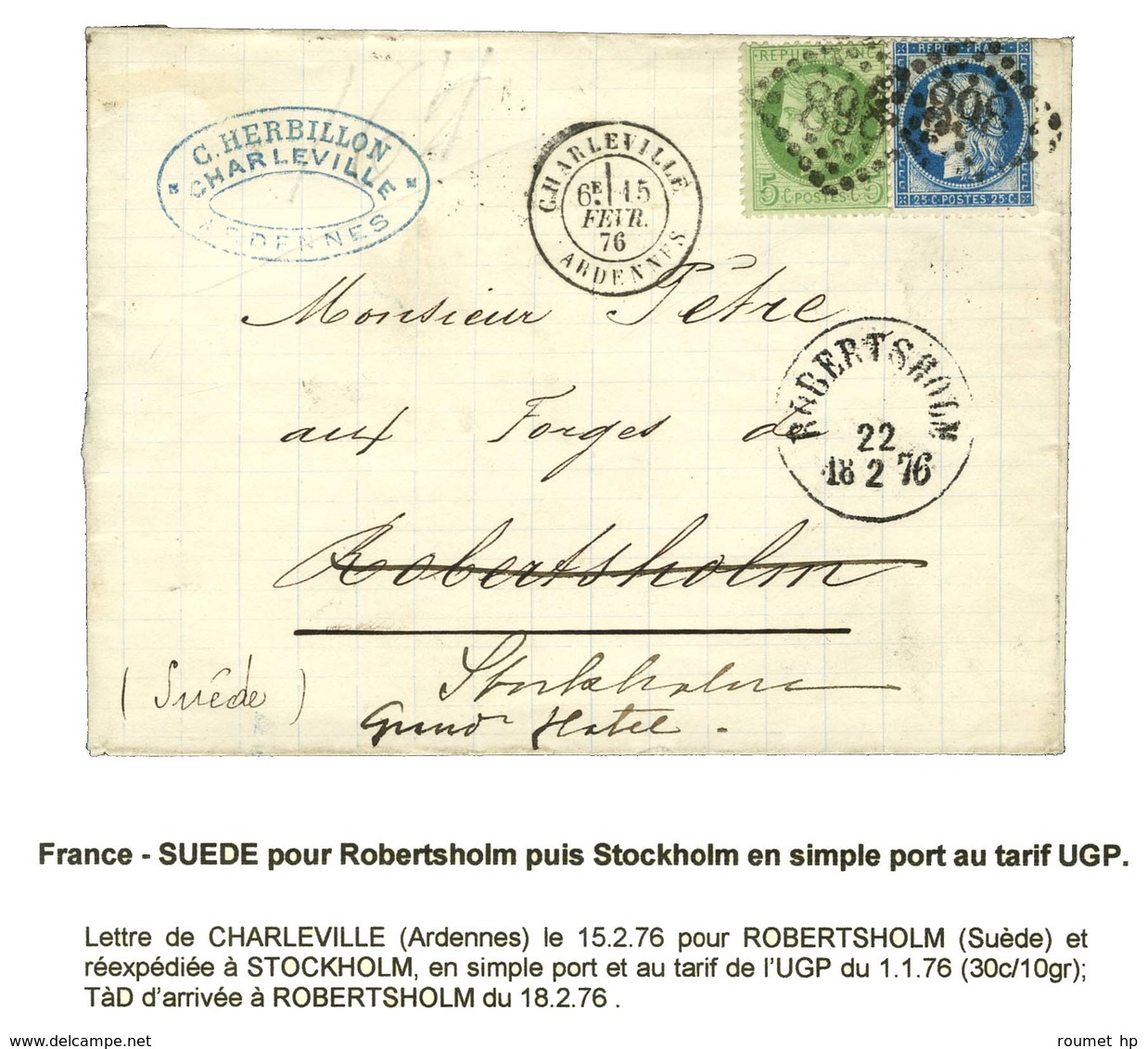 GC 898 / N° 53 + 60 Càd T 18 CHARLEVILLE / ARDENNES Sur Lettre Adressée à Robertsholm (Suède) Et Réexpédiée à Stockholm. - 1871-1875 Ceres