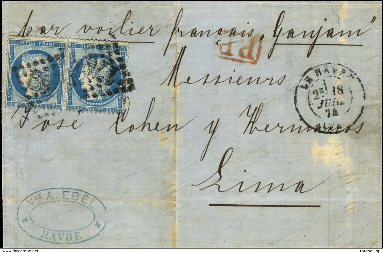 GC 1769 / N° 60 Paire Càd T 17 LE HAVRE (74) Sur Lettre Adressée Par La Voie Des Bâtiments De Commerce à Lima. Au Verso, - 1871-1875 Ceres