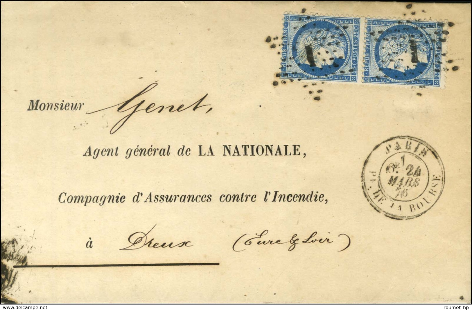 Etoile 1 Cassée (Pothion N° 3658) / N° 60 Type III Paire Càd PARIS / PL. DE LA BOURSE Sur Lettre Pour Dreux. 1876. - SUP - 1871-1875 Ceres
