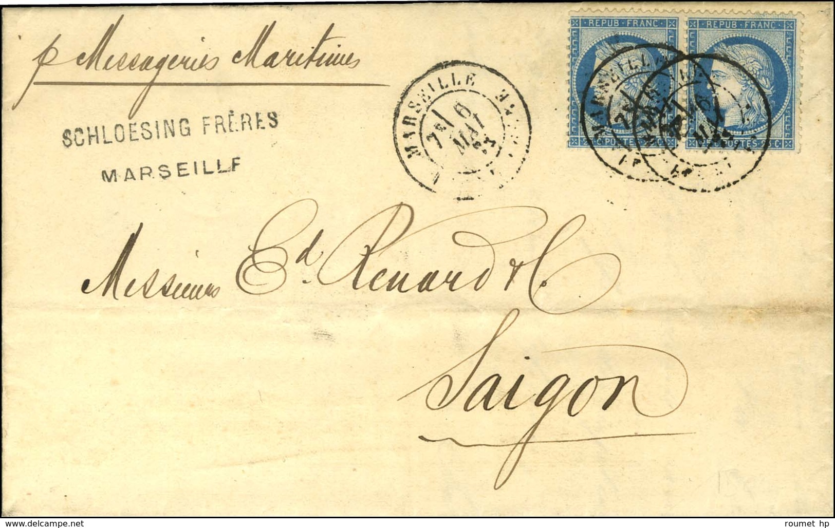 Càd MARSEILLE / N° 60 Paire Sur Lettre Pour Saigon, Au Verso Càd D'arrivée. 1876. - TB. - R. - 1871-1875 Cérès