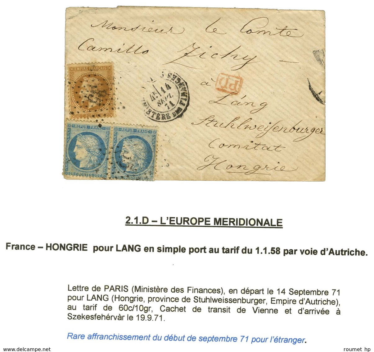 Etoile 35 / N° 28 + 60 (2) Càd PARIS / MINISTERE DES FINANCES Sur Lettre Pour Lang (Hongrie). Au Verso, Càd De Passage ( - 1871-1875 Cérès