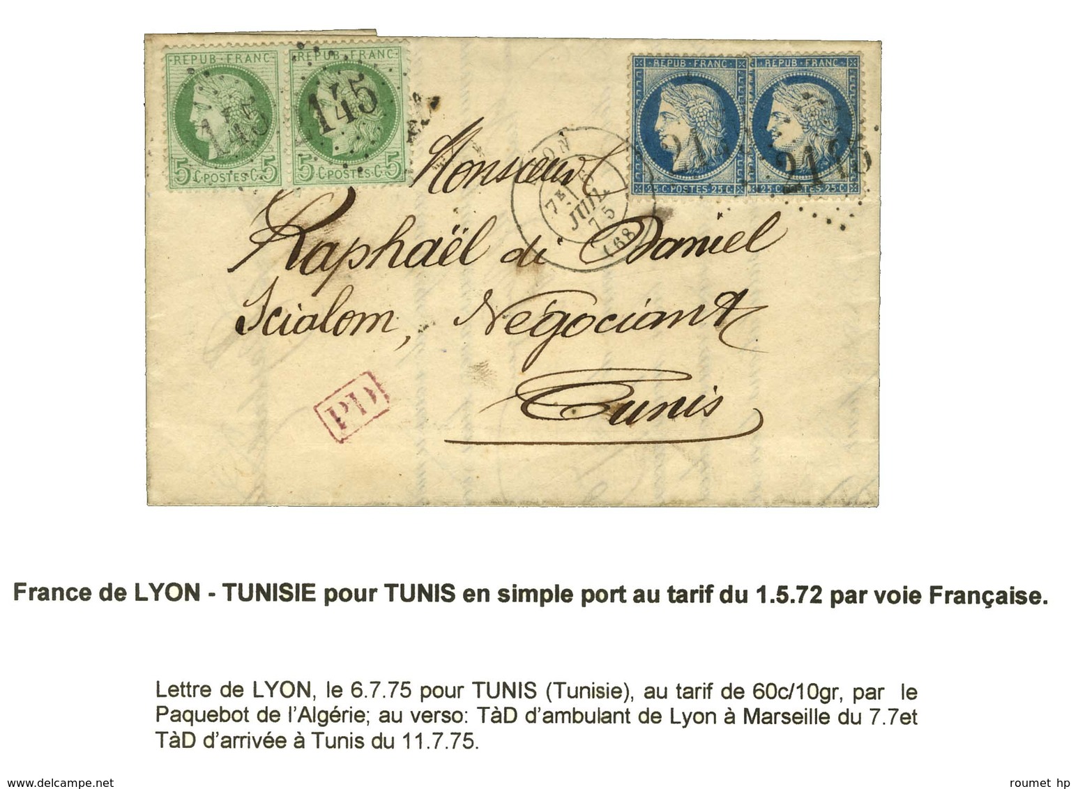 GC 2145 / N° 53 Paire + 60 (2) Càd T 17 LYON (68) Sur Lettre Pour Tunis. Au Verso, Càd D'arrivée. 1875. - SUP. - 1871-1875 Cérès
