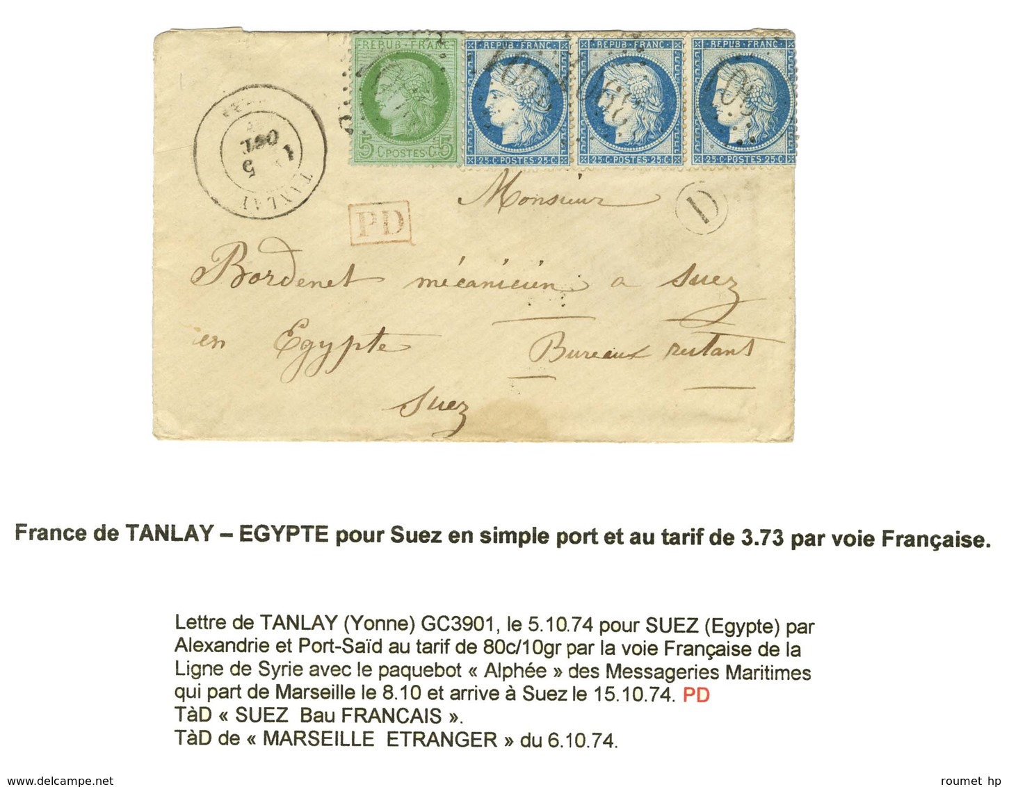 GC 3901 / N° 53 + 60 Bande De 3 Càd T 17 TANLAY (83) Sur Lettre Pour Suez (Egypte). Au Verso, Càd D'arrivée SUEZ / Bau F - 1871-1875 Ceres