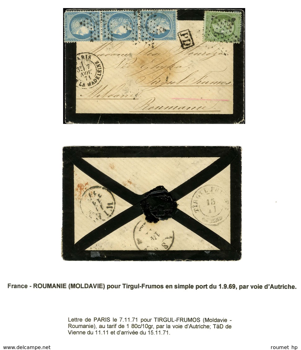 Etoile 3 / N° 20 + 60 Bande De 3 (1 Ex Def) Càd PARIS / PL. DE LA MADELEINE Sur Lettre Pour Tirgul-Frumous (Moldavie). A - 1871-1875 Ceres