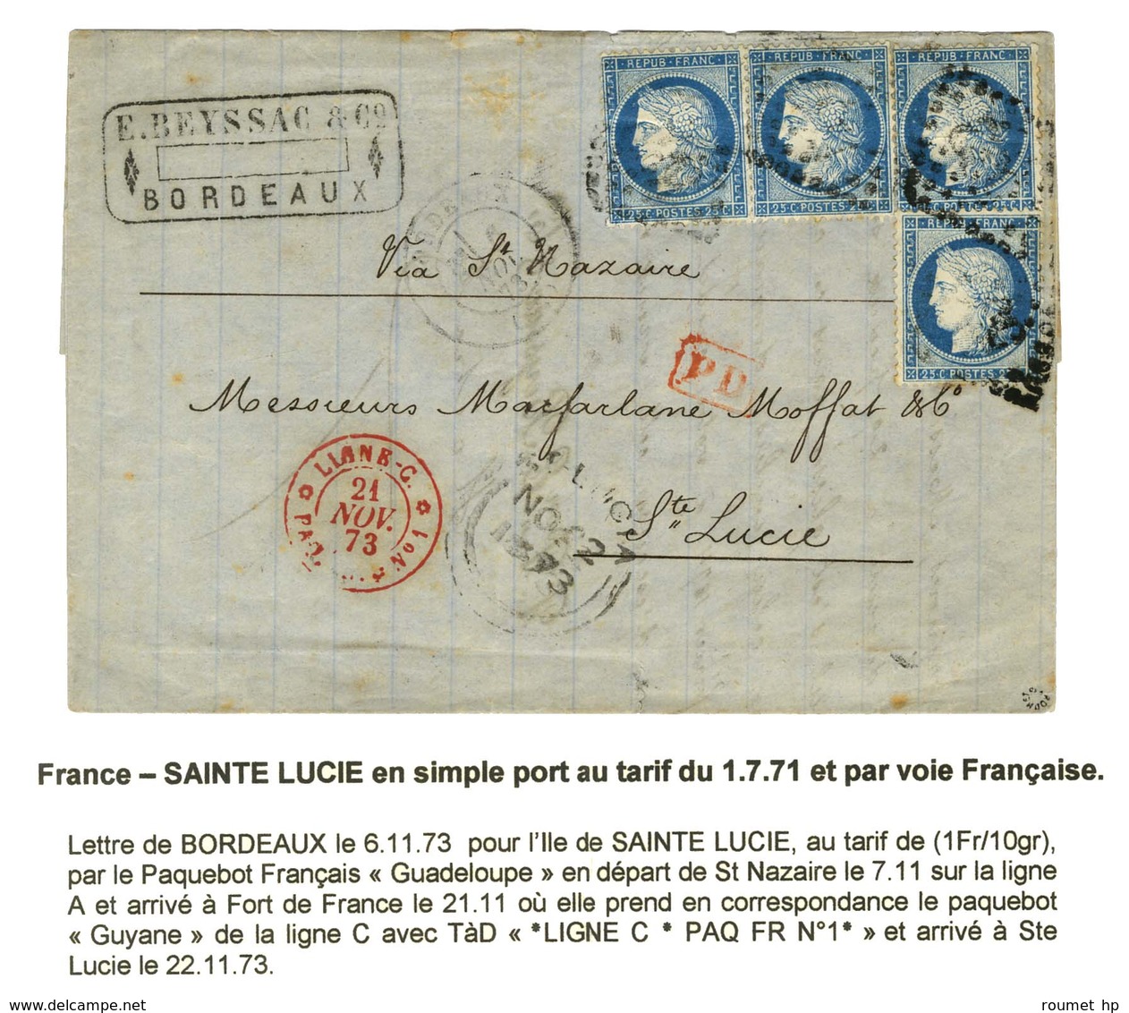 GC 532 / N° 60 (4) Càd BORDEAUX (32) Sur Lettre Pour Ste Lucie. Au Recto, Càd Rouge LIGNE C / PAQ. FR N° 1 Et Càd D'arri - 1871-1875 Ceres
