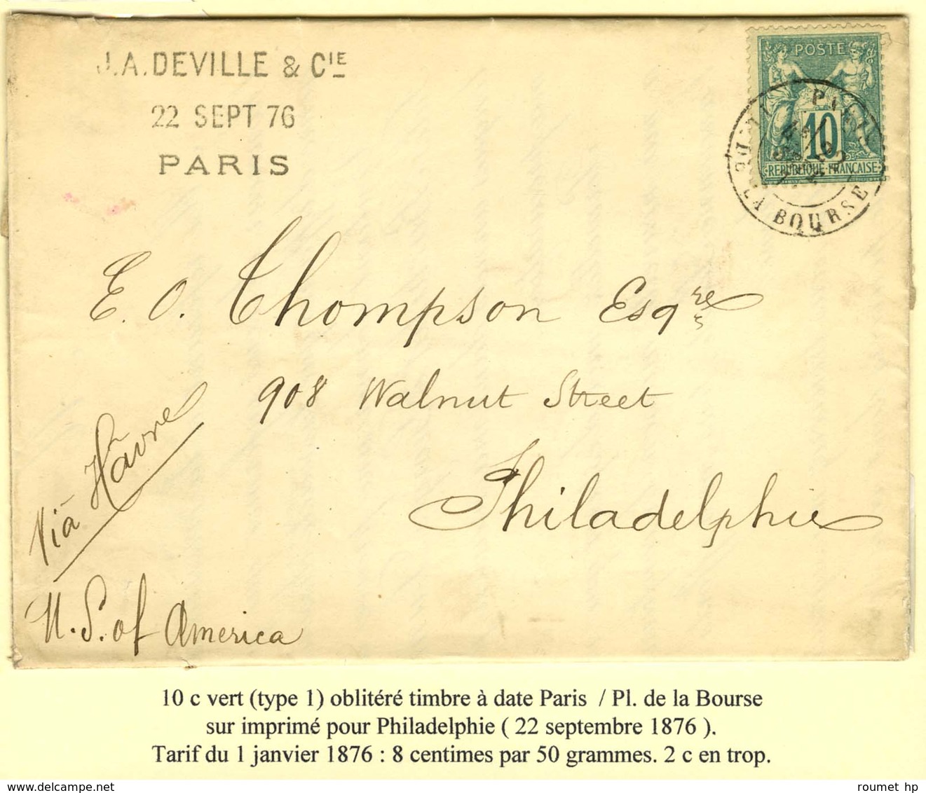 Càd PARIS / PL. DE LA BOURSE / N° 65 Sur Imprimé Complet Pour Philadelphie. 1876. Tarif Du 1er Janvier 1876 : 8c X 50g S - 1876-1878 Sage (Tipo I)