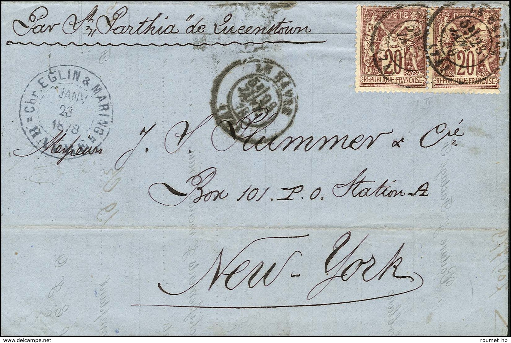 Càd T 17 LE HAVRE (74) / N° 67 Paire Sur Lettre Pour New York. 1878. - TB. - R. - 1876-1878 Sage (Tipo I)