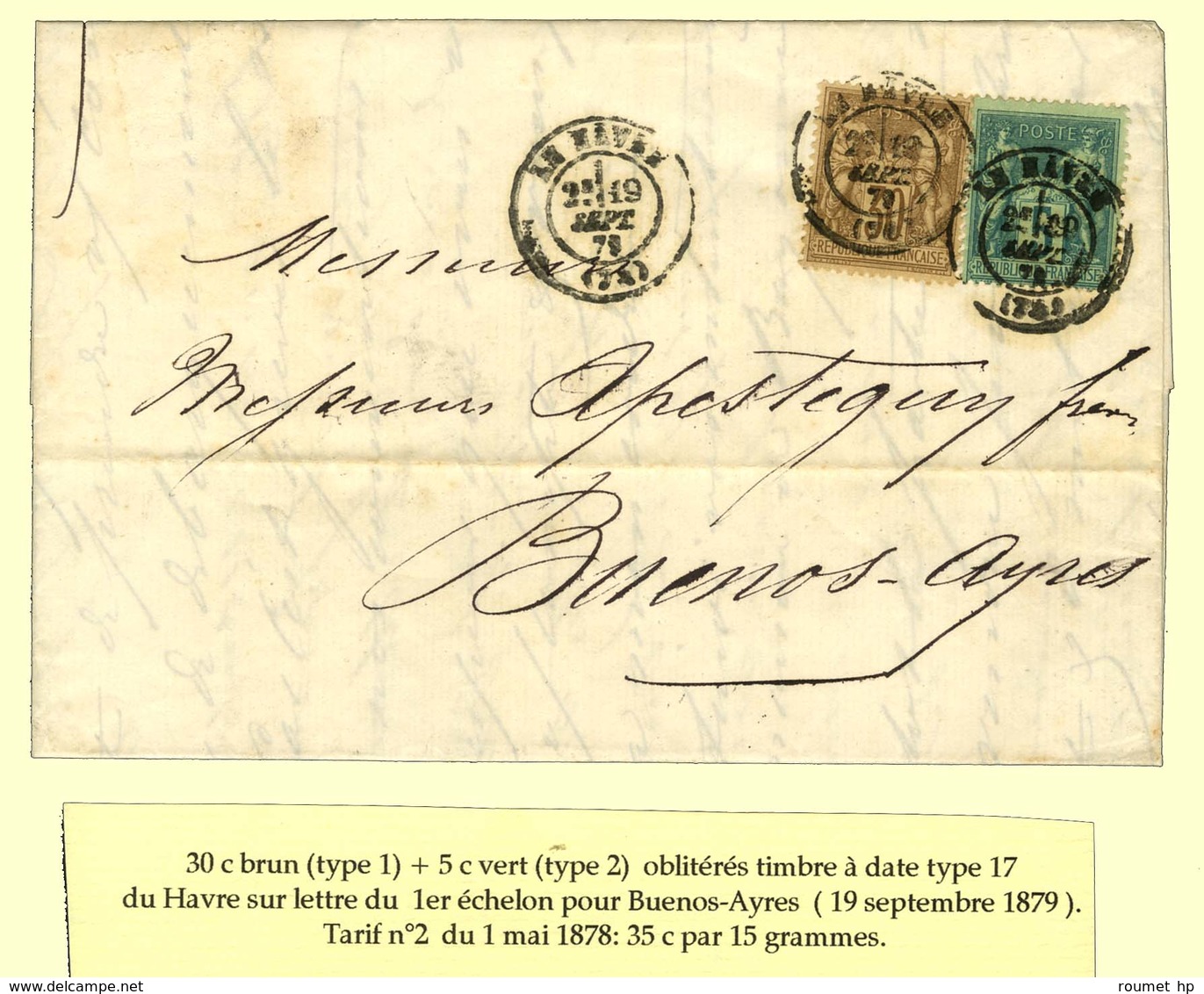 Càd LE HAVRE (74) / N° 69 + 75 Sur Lettre Pour Buenos Ayres. 1879. - TB / SUP. - 1876-1878 Sage (Type I)