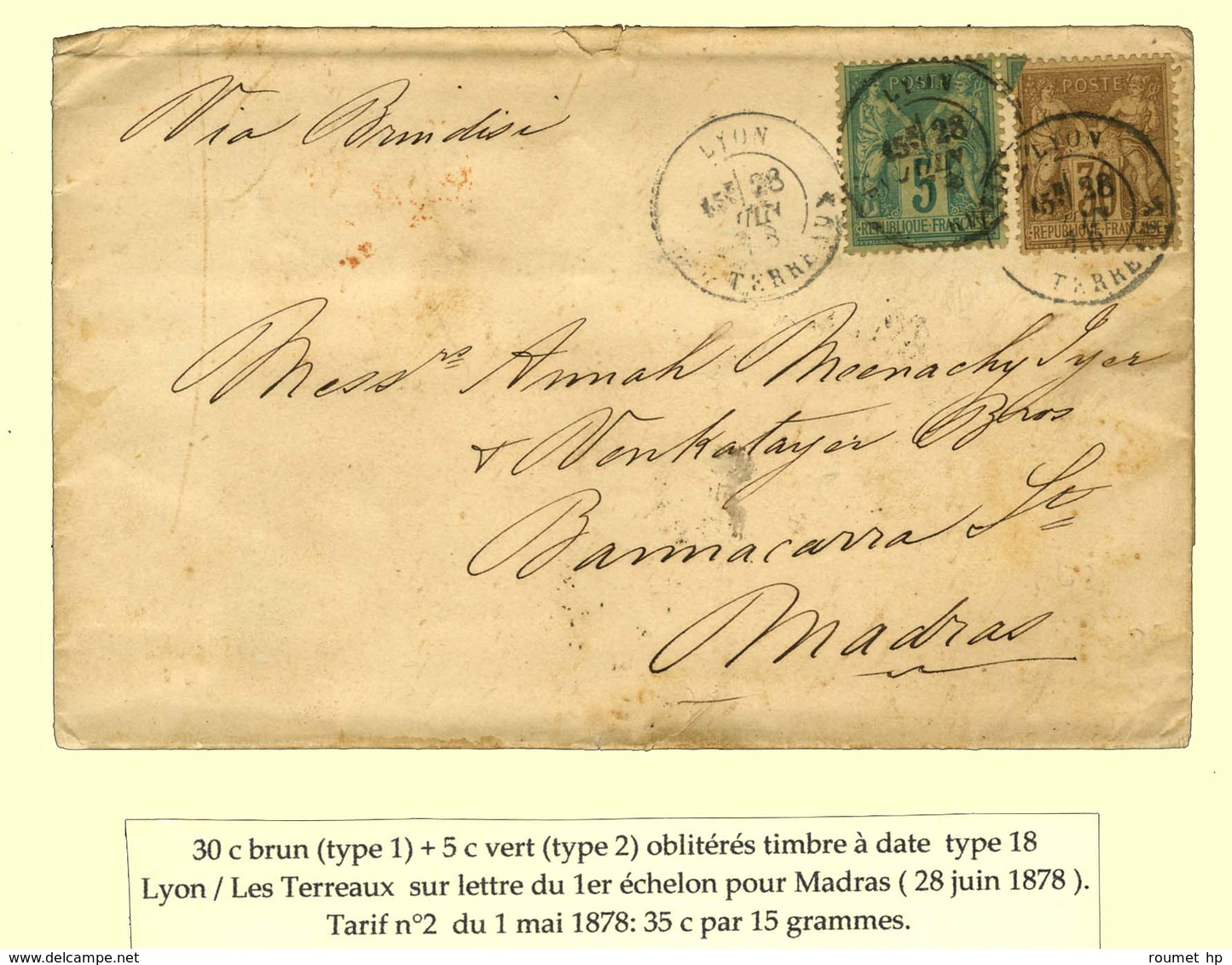 Càd LYON / LES TERREAUX / N° 69 + 75 Sur Lettre Pour Madras. 1878. - TB. - 1876-1878 Sage (Tipo I)