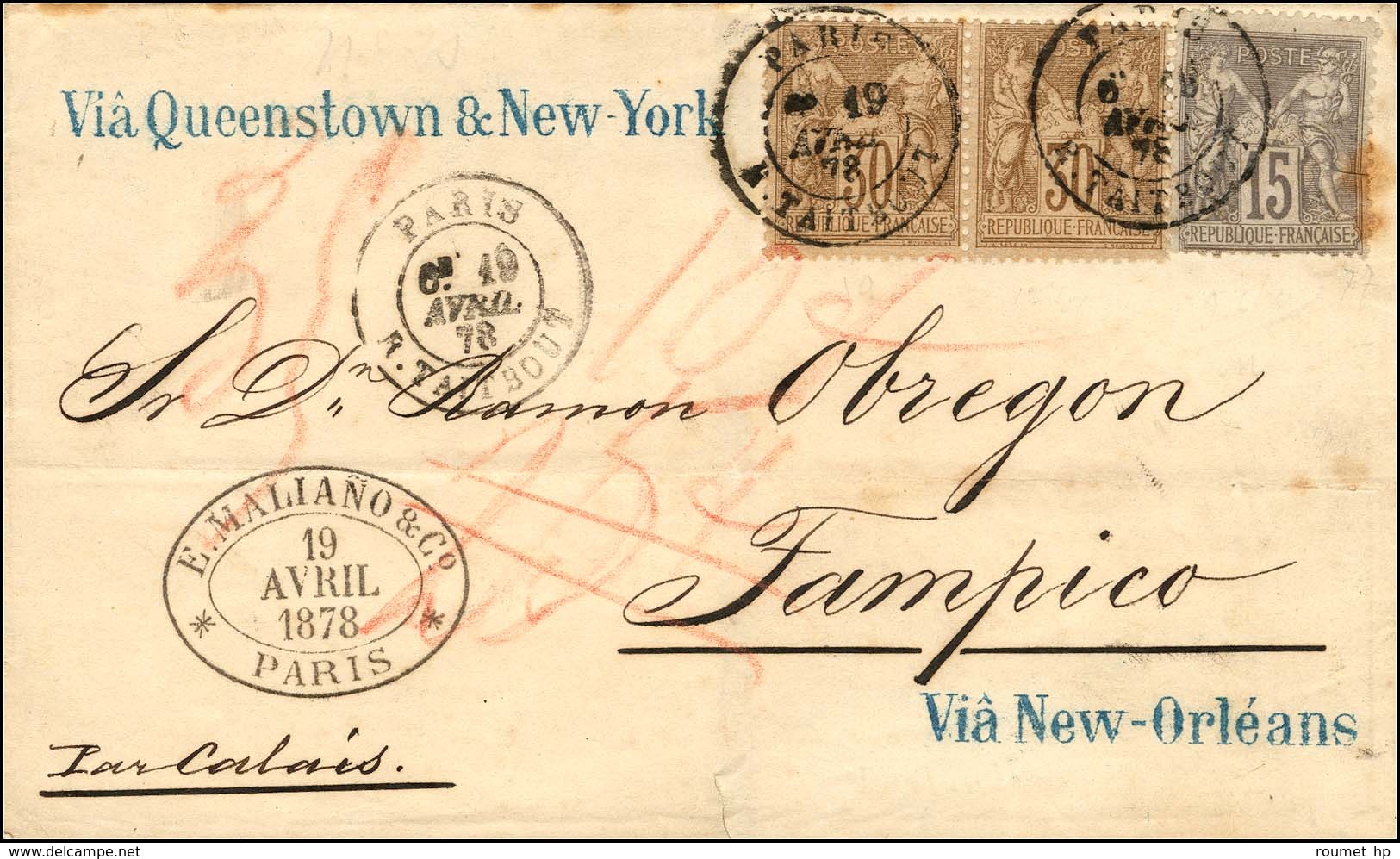 Càd PARIS / R. TAITBOUT / N° 69 (paire) + 77 Sur Lettre Pour Tampico (Mexique) Par La Voie Des Etats-Unis, Marques Compt - 1876-1878 Sage (Tipo I)