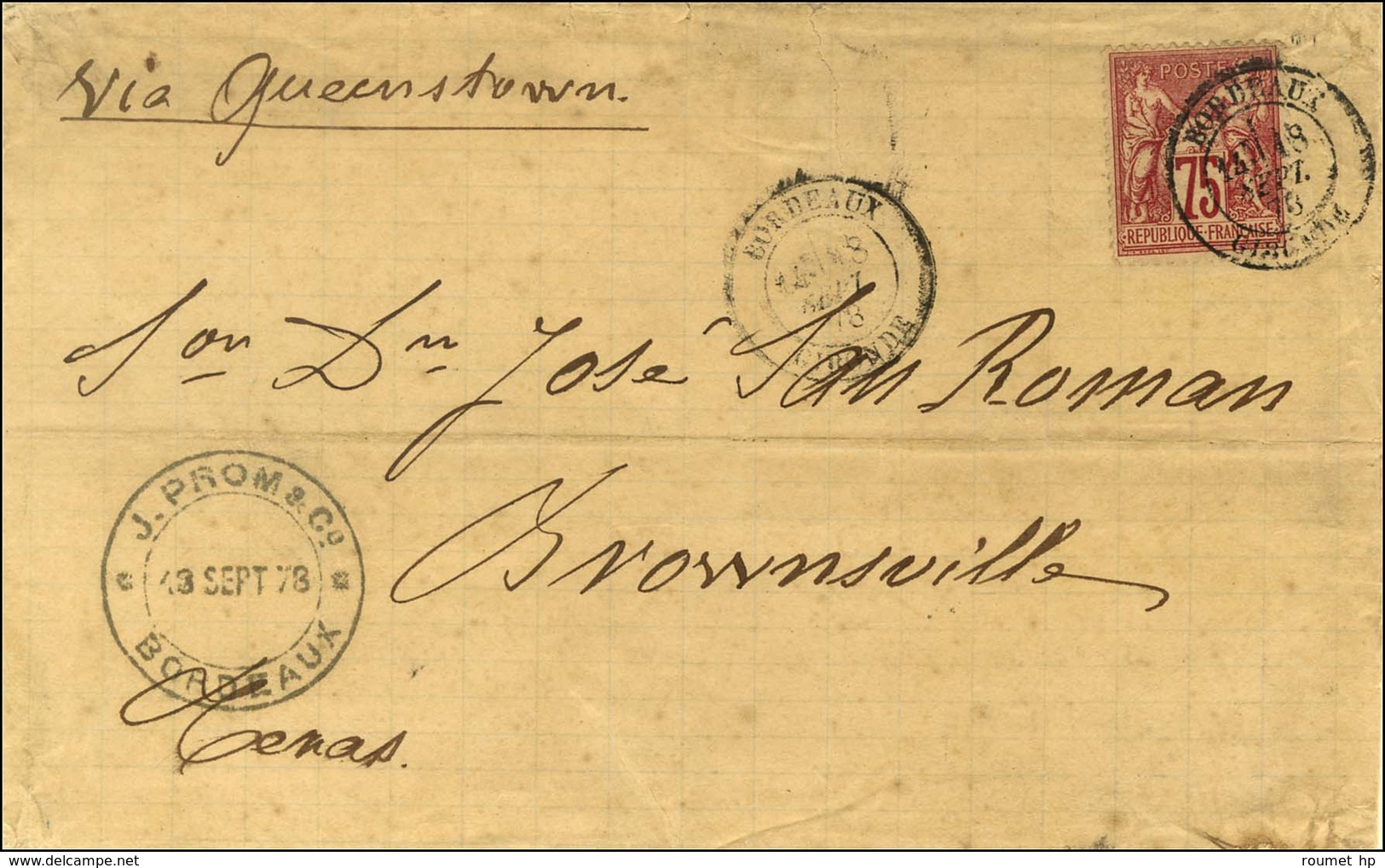 Càd BORDEAUX / GIRONDE / N° 71 Sur Lettre 2 Ports Pour Brownsville (Texas). 1878. - TB. - 1876-1878 Sage (Tipo I)