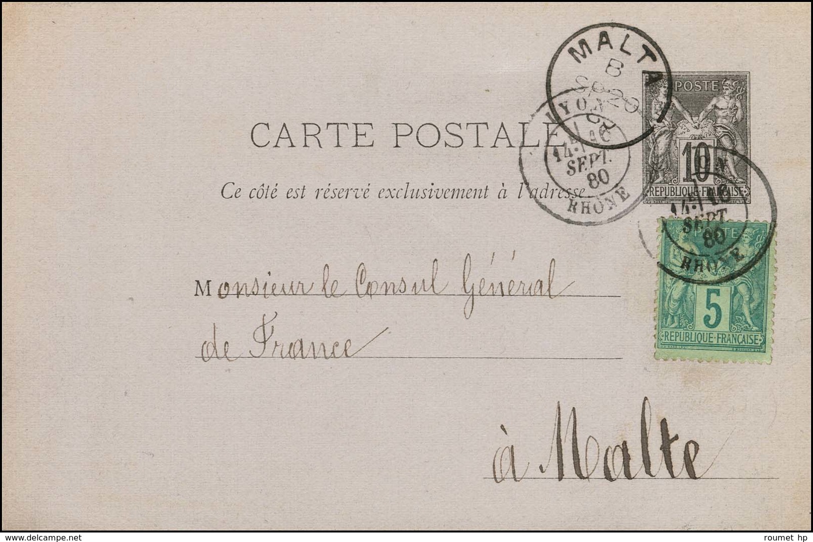 Càd LYON / RHÔNE / EP 10c. + N° 75 Sur Carte Pour Malte, Au Recto Càd D'arrivée. 1880. - TB / SUP. - R. - 1876-1878 Sage (Type I)