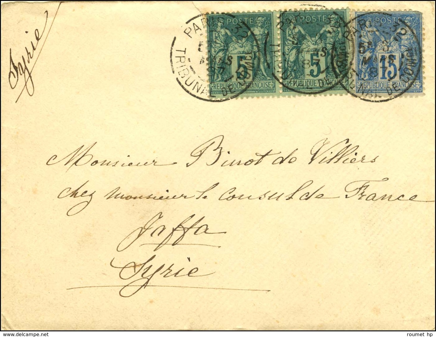 Càd PARIS 32 / TRIBUNAL DE COMce / N° 75 (2) + 90 Sur Lettre Adressée Au Consul De France à Jaffa. Au Verso, Càd D'arriv - 1876-1878 Sage (Tipo I)