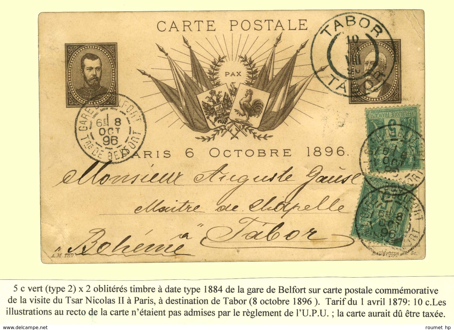 Càd GARE DE BELFORT / N° 75 (2) (1 Ex Def) Sur Carte Postale Commémorative De La Visite Du Tsar Nicolas II à Paris à Des - 1876-1878 Sage (Type I)