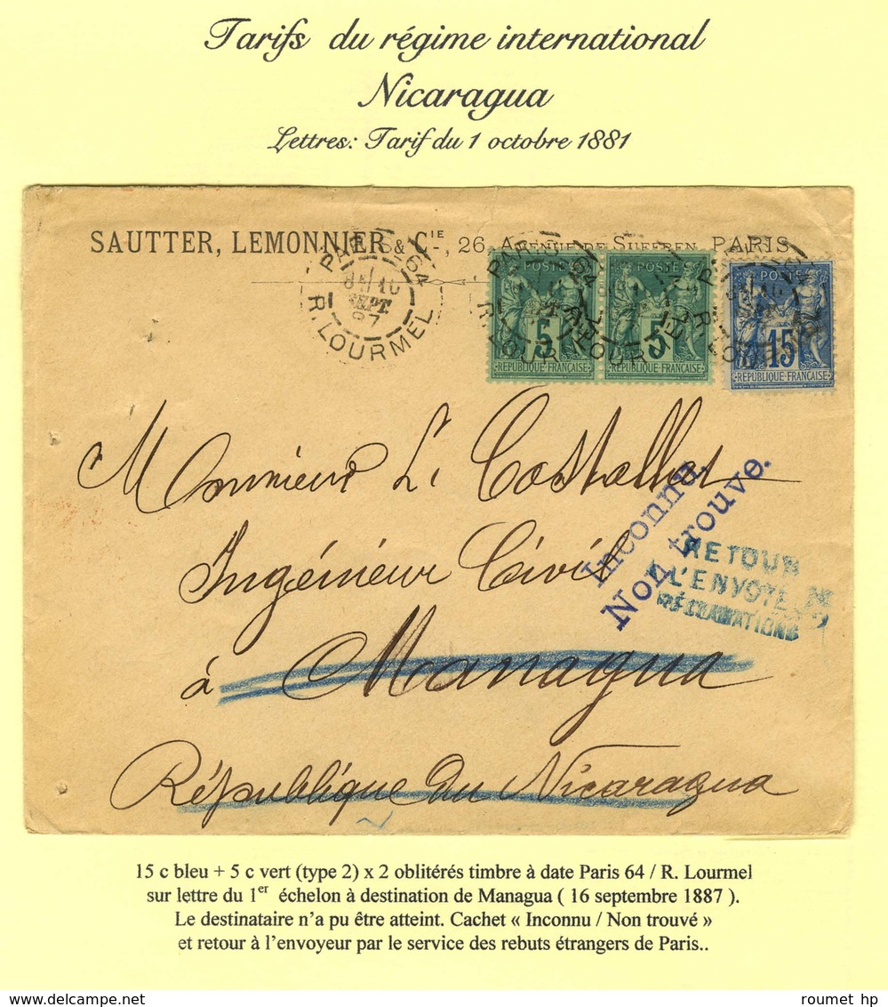 Càd PARIS 64 / R. LOURMEL / N° 75 (2) + N° 90 Sur Lettre Pour Managua Réexpédiée, Au Recto Griffes Bleues Inconnu / Non  - 1876-1878 Sage (Type I)