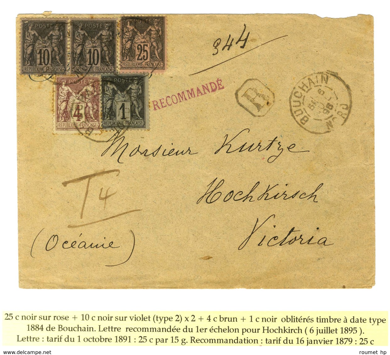 Càd BOUCHAIN / NORD / N° 83 + 88 + 89 (2) + 97 Sur Lettre Recommandée Pour Hochkirsch (Victoria Océanie). 1879. - TB. - 1876-1878 Sage (Typ I)