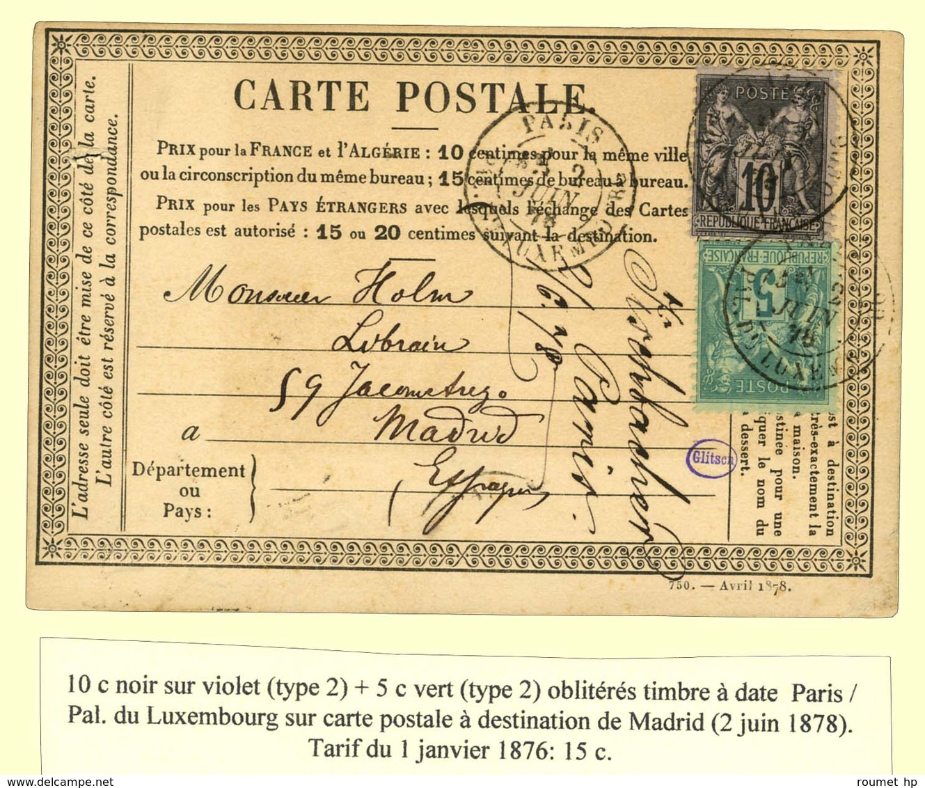 Càd PARIS / PAL. DU LUXEMBOURG  / N° 75 + 89 Sur Carte Pour Madrid. 1878. - TB. - 1876-1878 Sage (Type I)