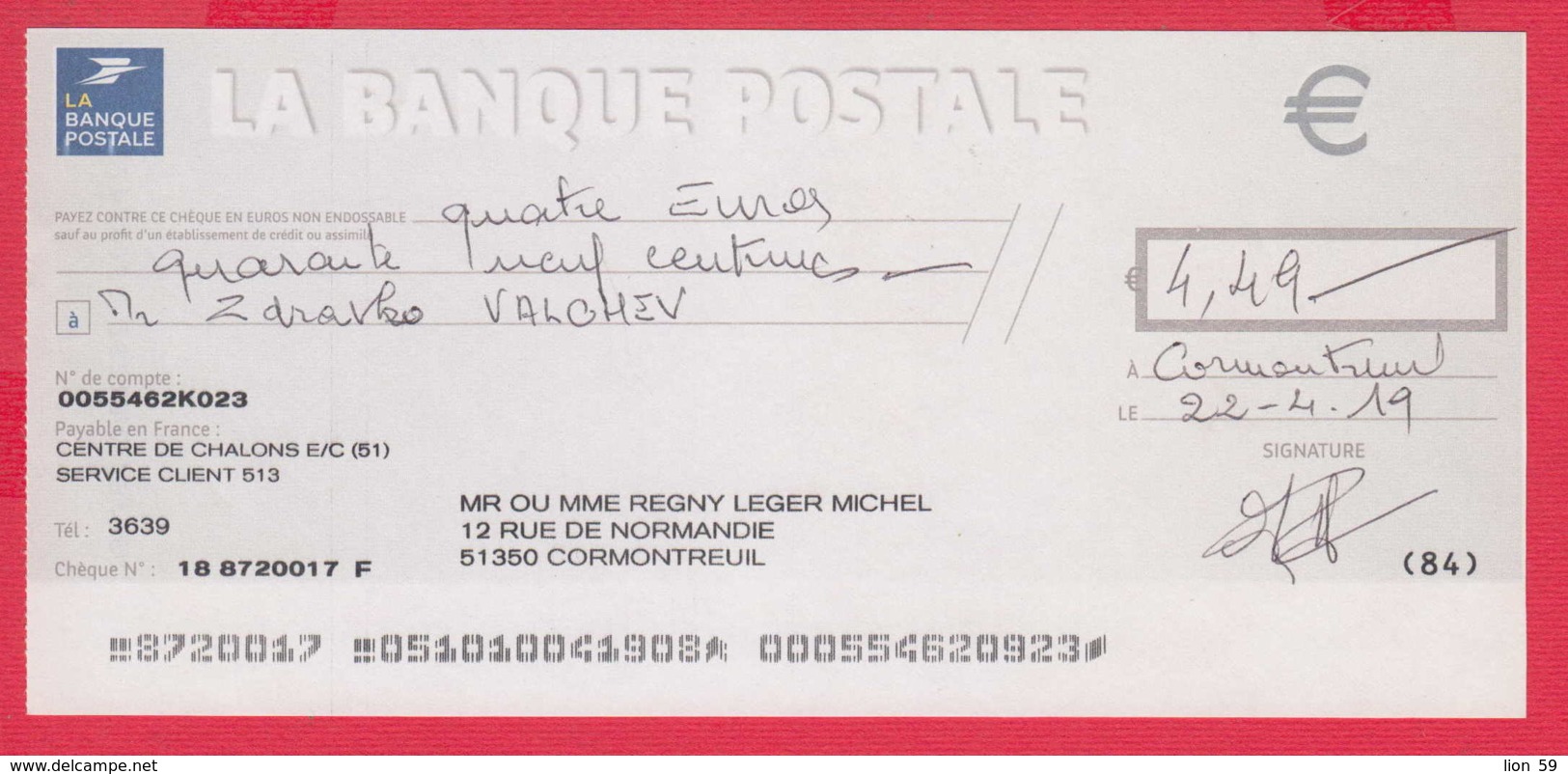 248049 / LA BANQUE POSTALE , FRANCE , Chèque Cheque Check Scheck - Cheques & Traveler's Cheques