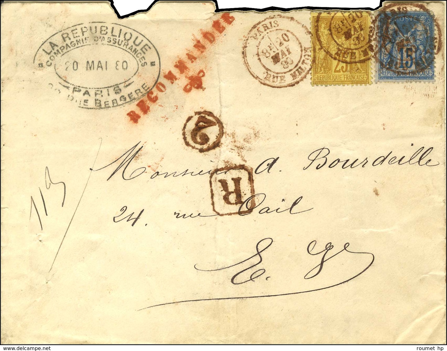 Càd Rouge PARIS / RUE MILTON / N° 90 + 92 Sur Lettre Recommandée Locale. 1880. - TB. - R. - 1876-1878 Sage (Type I)