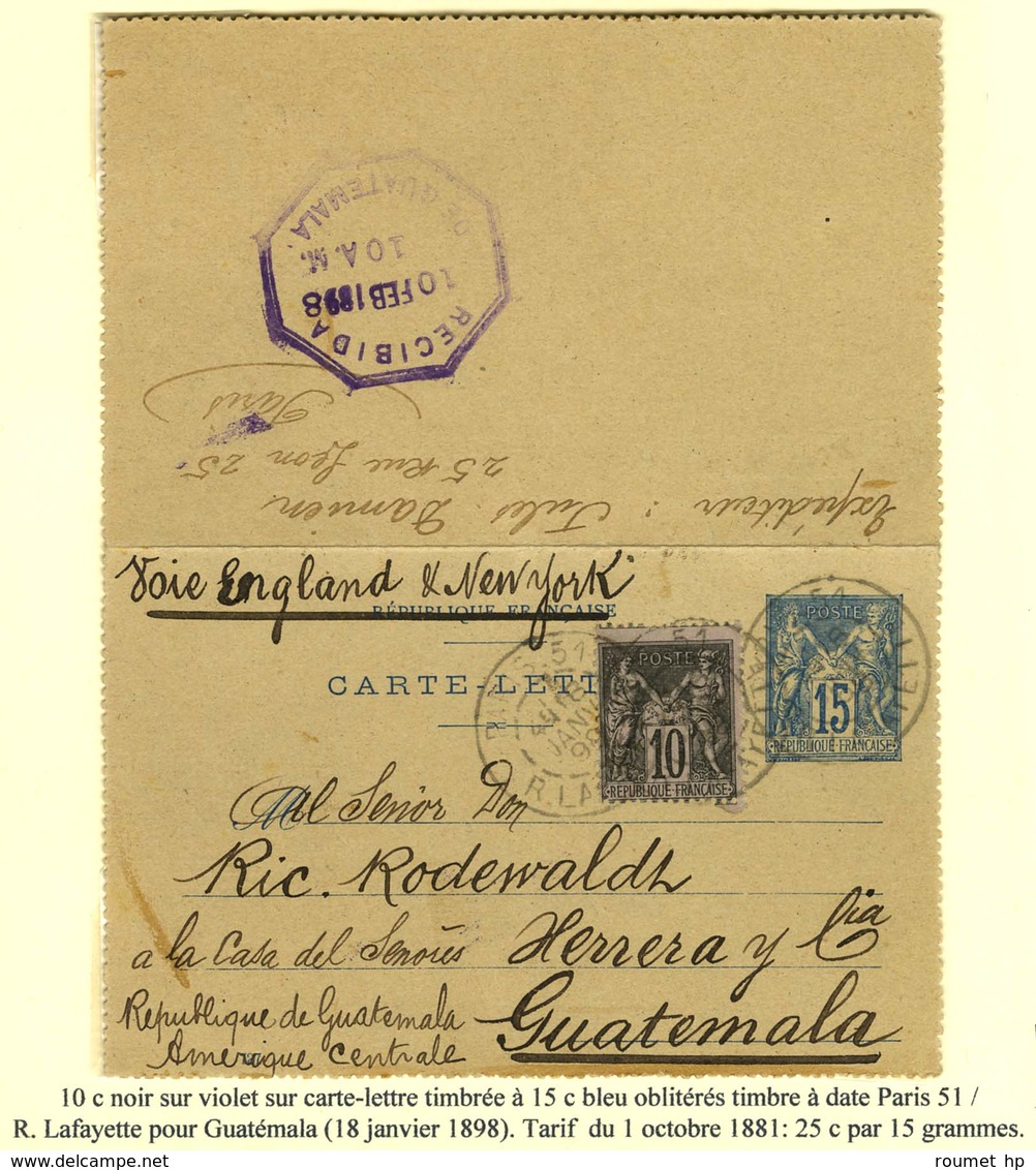 Càd PARIS 51 / R. LAFAYETTE / N° 89 Sur Carte Lettre Timbrée à 15c. Bleu Pour Le Guatémala. 1898. - TB. - 1876-1878 Sage (Tipo I)
