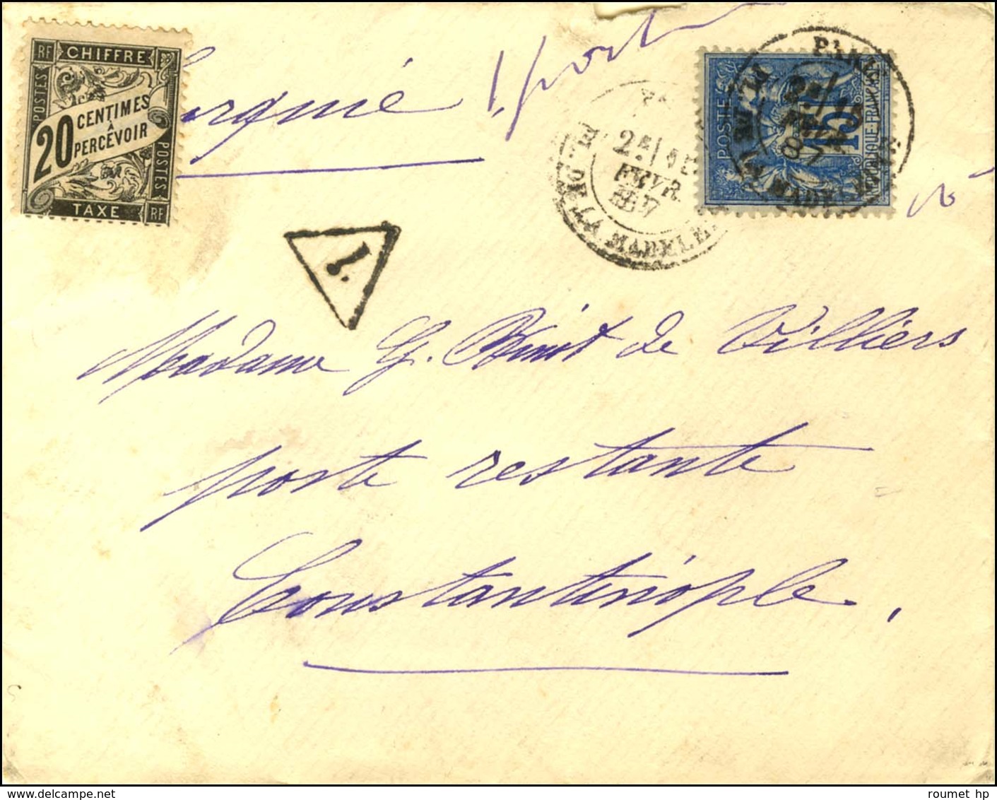 Càd PARIS / PL. DE LA MADELEINE Sur Lettre Insuffisamment Affranchie Pour Constantinople. Au Recto, Mention Manuscrite ' - 1876-1878 Sage (Tipo I)