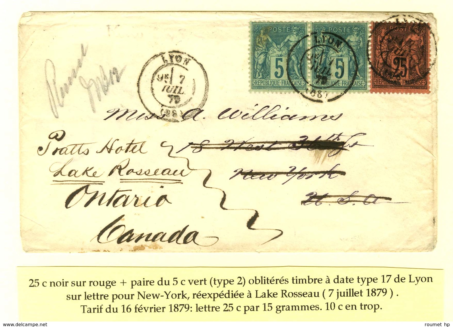Càd T 17 LYON (68) / N° 75 (2) + 91 Sur Lettre Pour New York Réexpédiée à Lake Rosseau (Ontario). 1879. - TB / SUP. - 1876-1878 Sage (Tipo I)