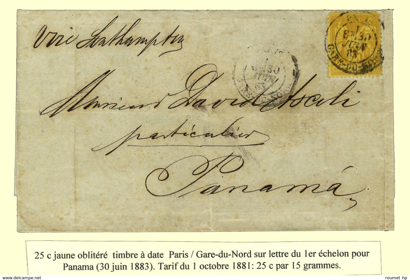 Càd PARIS / GARE DU NORD / N° 92 Sur Lettre Pour Panama. Au Verso, Càd Perlé Bleu PARIS / ETRANGER. 1883. - TB. - 1876-1878 Sage (Tipo I)