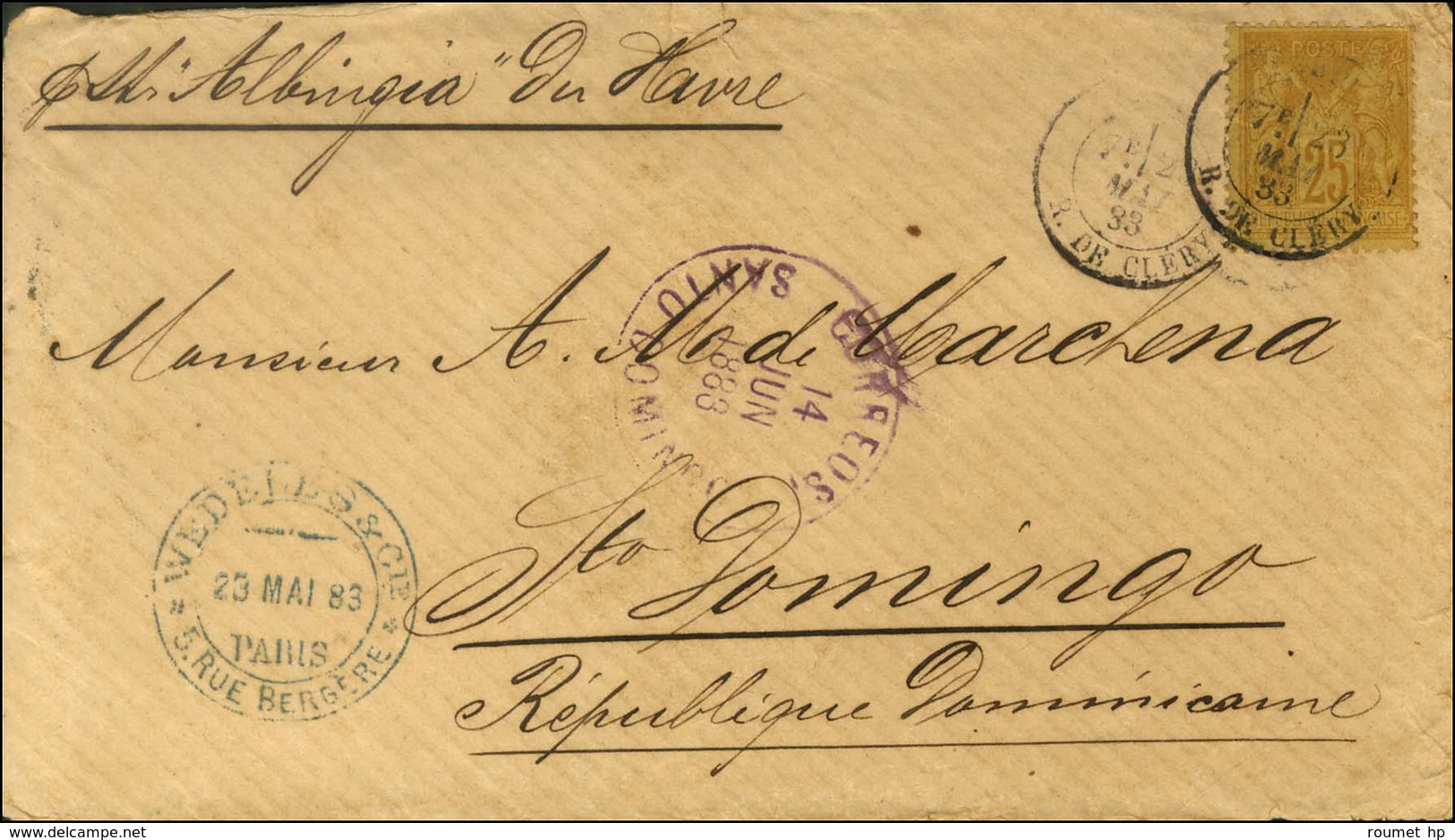 Càd PARIS / R. DE CLERY / N° 92 Sur Lettre Pour St Domingue. Au Recto, Càd D'arrivée Violet CORREOS / SANTO DOMINGO. 188 - 1876-1878 Sage (Tipo I)