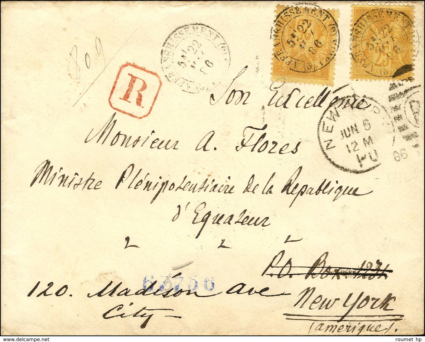 Càd (5) AFFRANCHISSEMENT (5) / PARIS / N° 92 (2) Sur Lettre Recommandée Pour New York. 1886. - TB. - R. - 1876-1878 Sage (Type I)