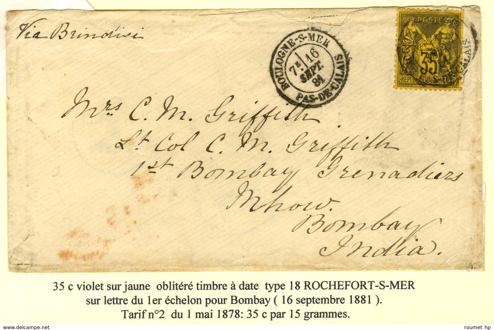 Càd T 18 BOULOGNE-S-MER / PAS-DE-CALAIS / N° 93 Sur Lettre Pour Bombay. 1881. - TB / SUP. - 1876-1878 Sage (Tipo I)