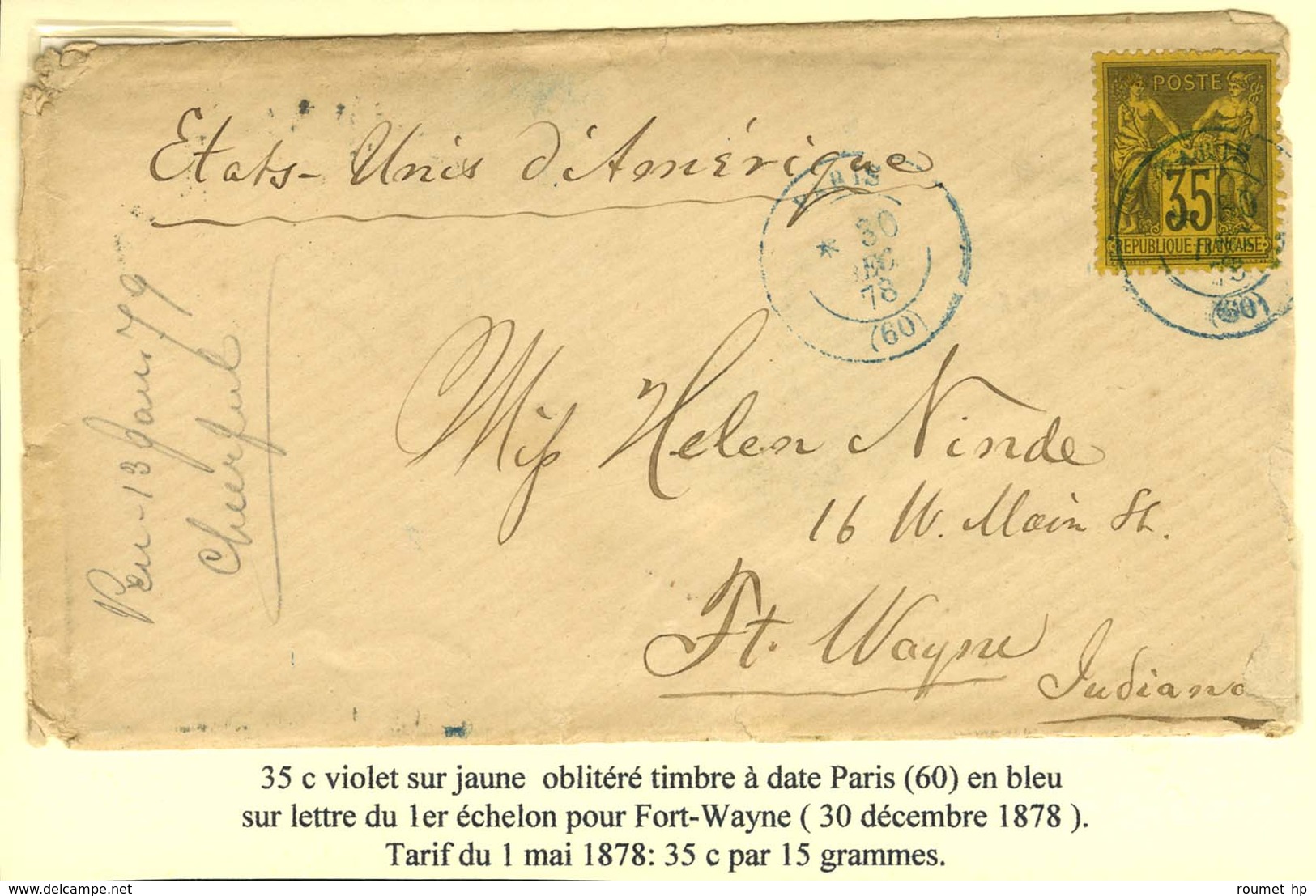 Càd Bleu PARIS (60) / N° 93 Sur Lettre Pour Fort Wayne (Indiana). 1878. - TB / SUP. - 1876-1878 Sage (Tipo I)