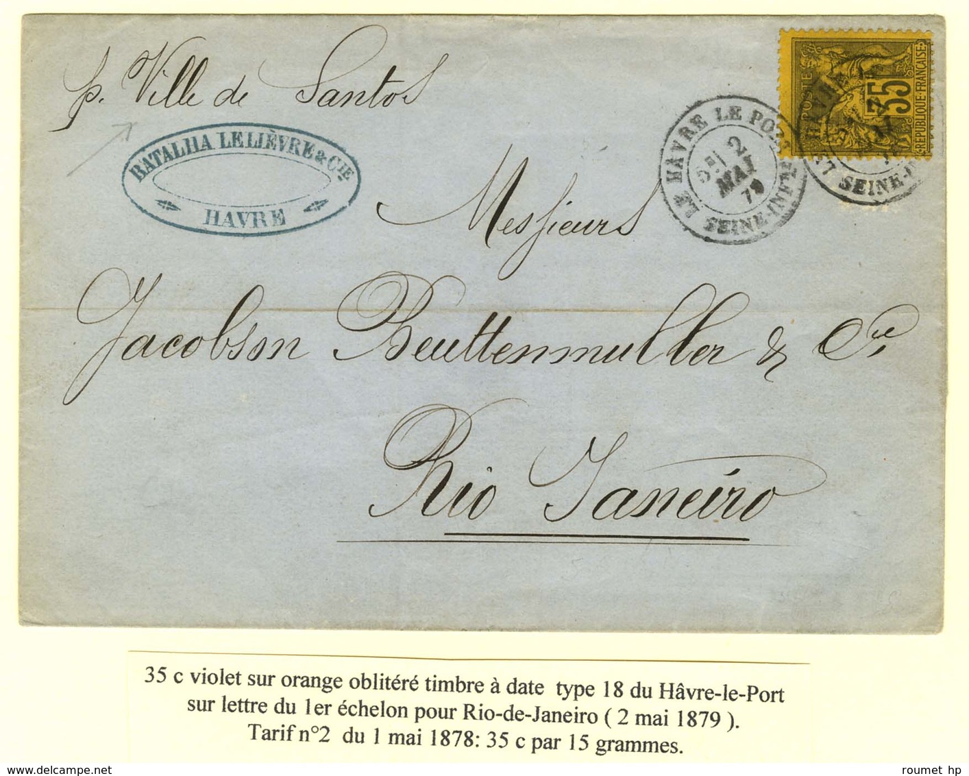 Càd LE HAVRE / LE PORT / N° 93 Sur Lettre Pour Rio De Janeiro. 1879. - TB / SUP. - 1876-1878 Sage (Type I)