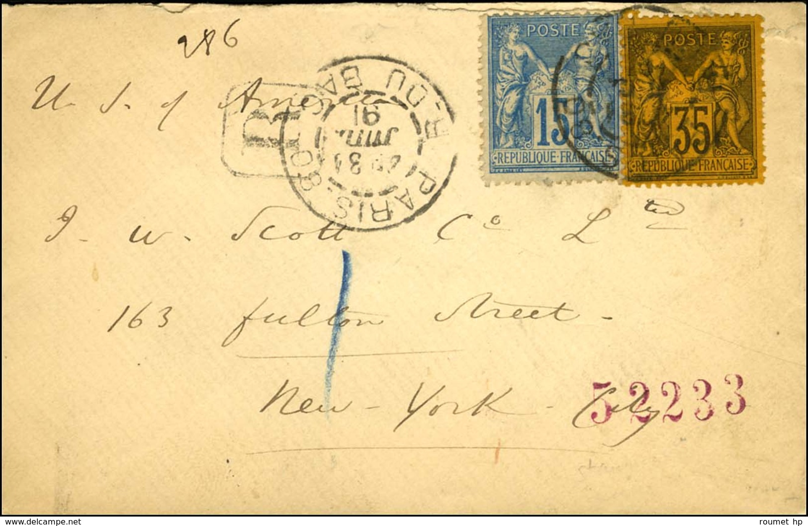 Càd PARIS / R. DU BAC / N° 90 + 93 Sur Lettre Recommandée Pour New York. 1891. - TB / SUP. - R. - 1876-1878 Sage (Tipo I)