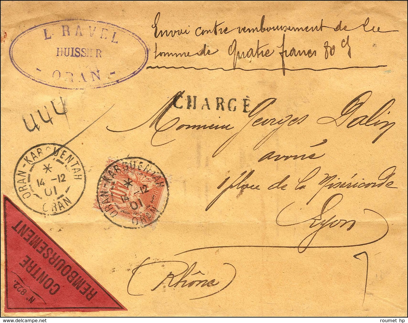 ORAN-KARGUENTHA / ORAN / N° 94 Sur Envoi Contre-remboursement De Moins De 50g (valeur : 4,80 Frs) Pour Lyon (port 5c + D - 1876-1878 Sage (Tipo I)