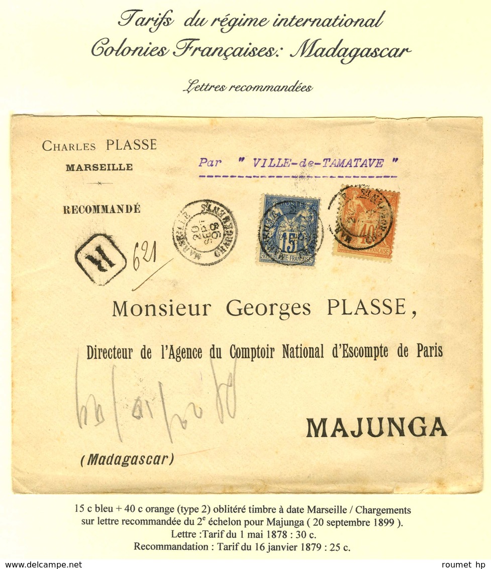 Càd MARSEILLE / CHARGEMENTS / N° 90 + 94 Sur Lettre Recommandée 2 Ports Pour Majunga (Madagascar). 1899. Rare Associatio - 1876-1878 Sage (Tipo I)