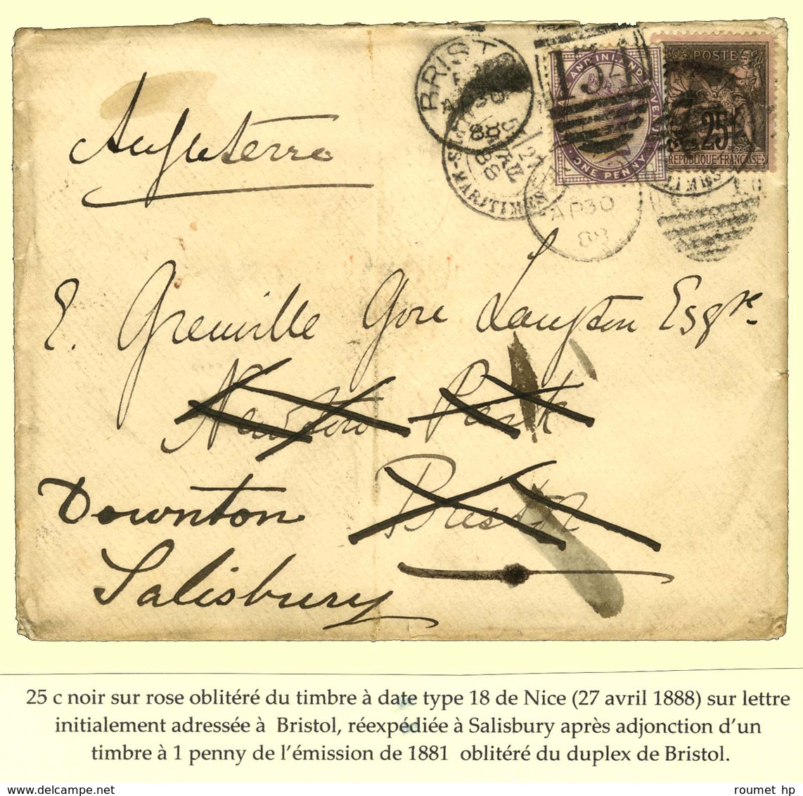 Càd T 18 NICE / N° 97 Sur Lettre Pour Bristol Réexpédiée à Salsbury Après Adjonction D'un Timbre à 1 Penny Obl Du Duplex - 1876-1878 Sage (Type I)