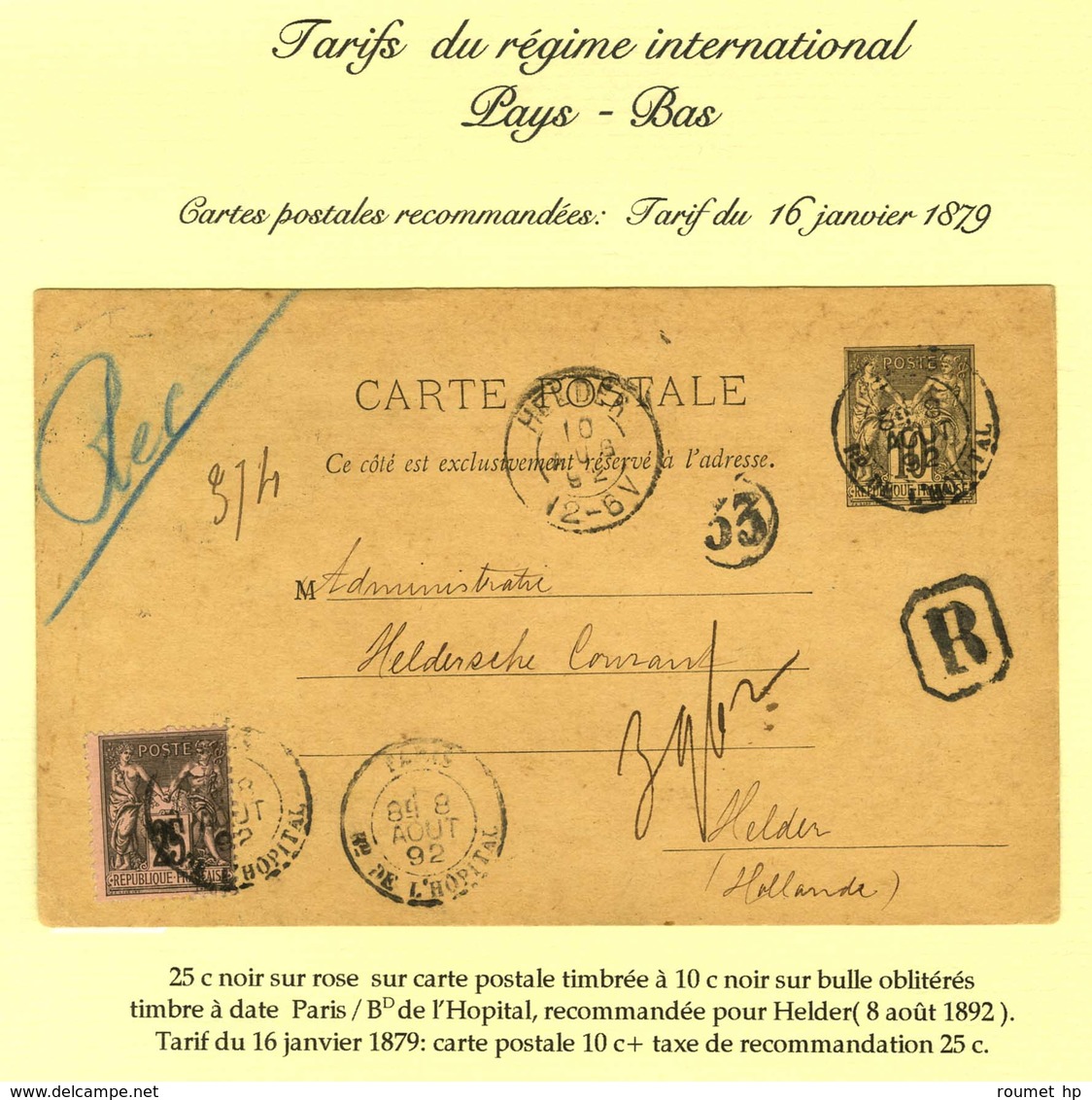 Càd PARIS / BD DE L'HOPITAL Sur Entier 10c + N° 97 Recommandée Pour Helder. 1892. - TB / SUP. - R. - 1876-1878 Sage (Tipo I)