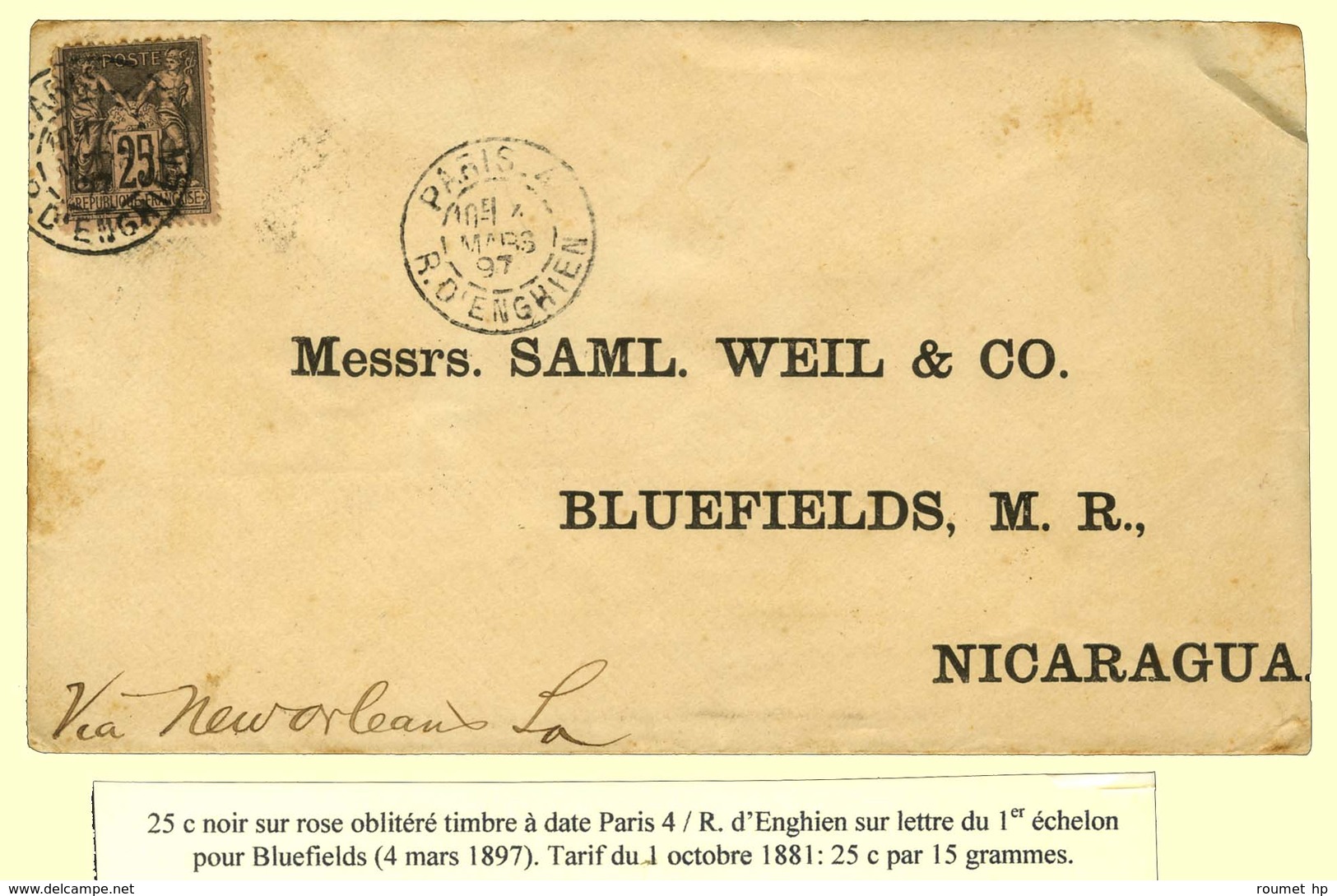 Càd PARIS 4 / R. D'ENGHIEN / N° 97 Sur Lettre Pour Bluefields (Nicaragua). 1897. - TB / SUP. - R. - 1876-1878 Sage (Tipo I)