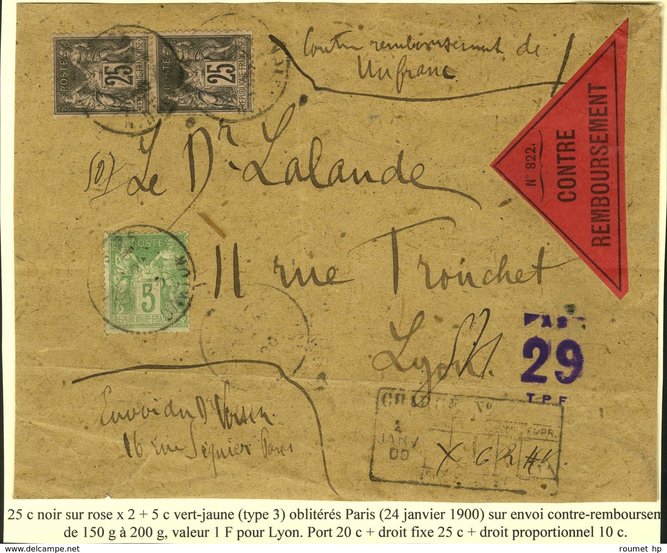 Càd PARIS / N° 97 (2) + 102 Sur Devant D'envoi Contre Remboursement Avec étiquette Rouge Triangulaire Et Descriptif De C - 1876-1878 Sage (Tipo I)