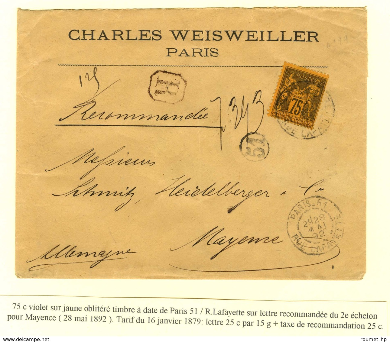 Càd PARIS (51) / R. LAFAYETTE / N° 99 Sur Lettre Recommandée 2 Ports Pour Mayence. 1892. - TB / SUP. - 1876-1878 Sage (Tipo I)