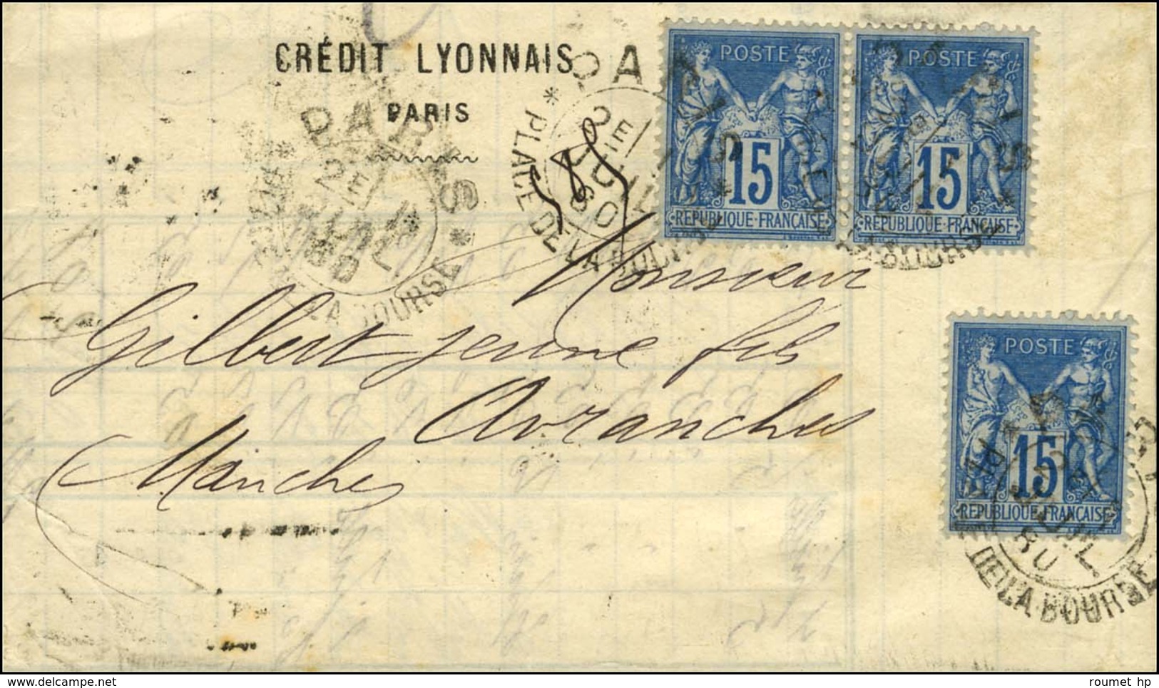 Càd D'essai PARIS / PLACE DE LA BOURSE Type 2 / N° 90 (3) Sur Lettre 3 Ports Pour Avranches. 1880. - TB. - 1876-1878 Sage (Type I)