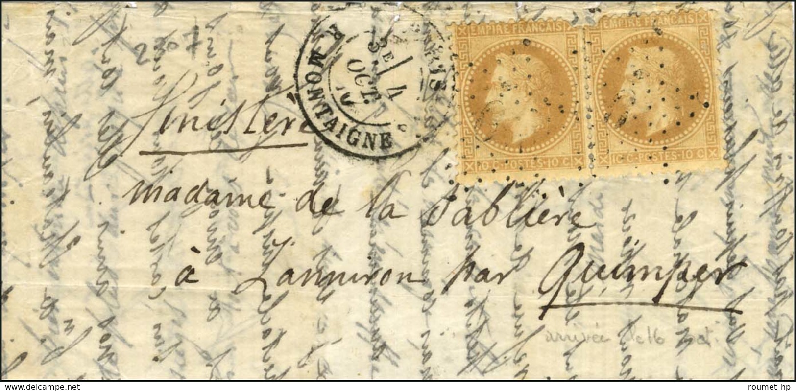 Etoile 9 / N° 28 (2) Càd PARIS / R. MONTAIGNE 4 OCT. 70 Sur Lettre Pour Quimper. Au Verso, Càd D'arrivée 16 OCT. 70. L'A - Krieg 1870