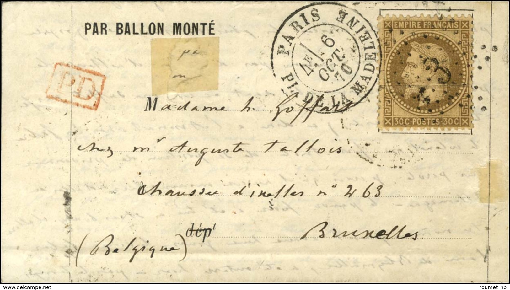 Etoile 3 / N° 30 Càd PARIS / PL. DE LA MADELEINE 6 OCT. 70 Sur Lettre PAR BALLON MONTE Pour Bruxelles, Au Verso Càd D'ar - Krieg 1870