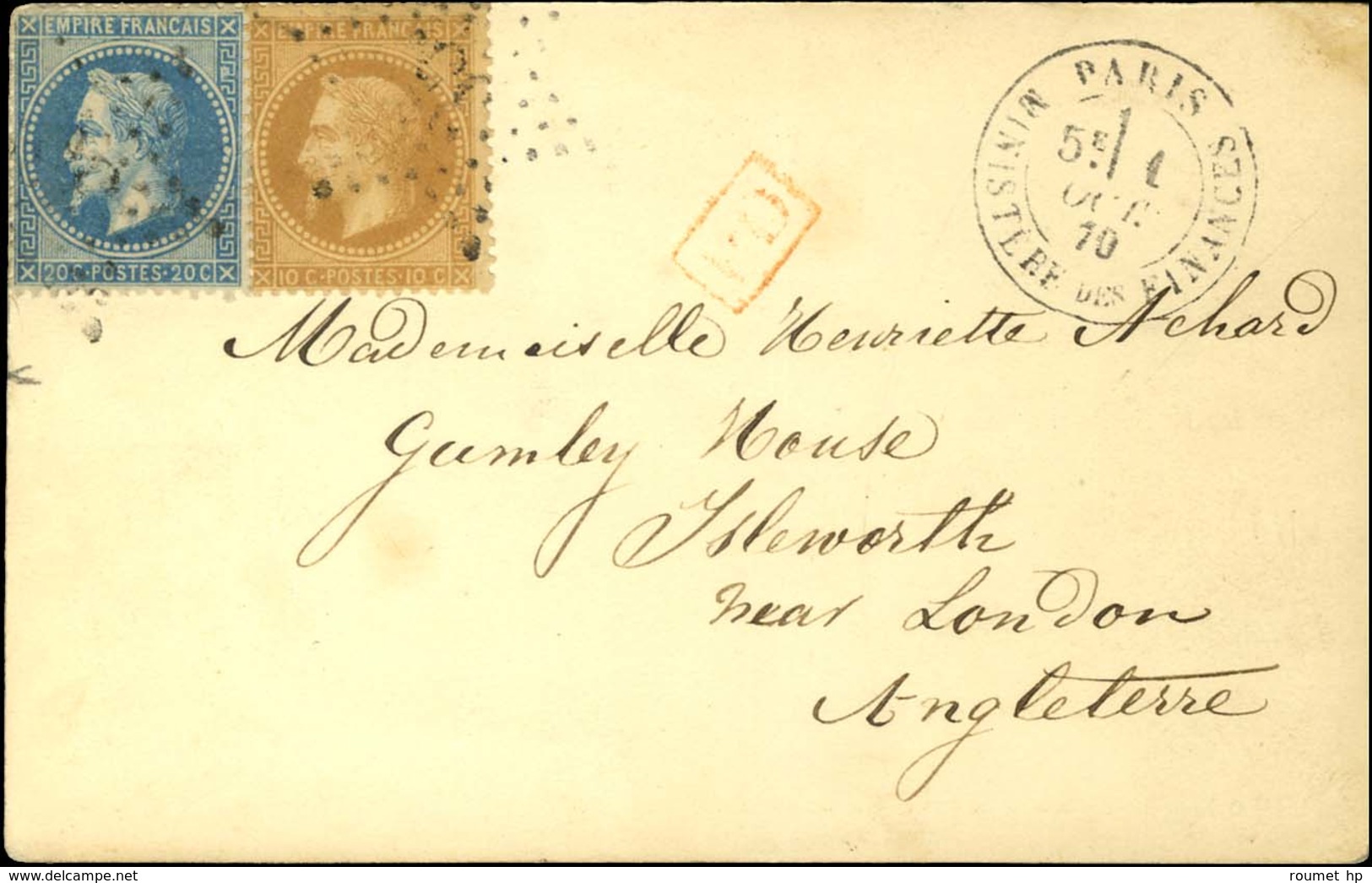 Etoile 35 / N° 28 + 29 Càd PARIS / MINISTERE DES FINANCES 1 OCT. 70 Sur Carte Pour Isleworth (Angleterre), Au Verso Càd  - Guerre De 1870