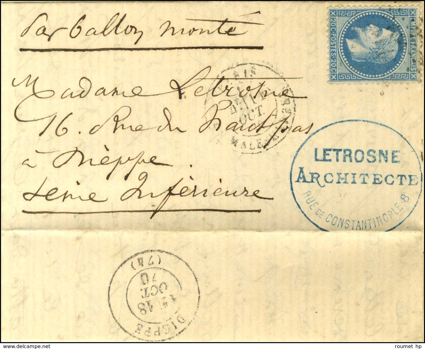 Etoile 37 / N° 29 Càd PARIS / BT MALESHERBES 11 OCT. 70 Sur Lettre Pour Dieppe, Au Recto Beau Cachet Bleu Commercial De  - Guerra Del 1870